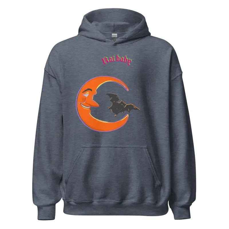 Gray Bat Baby Unisex Hoodie with orange crescent moon and black cat design