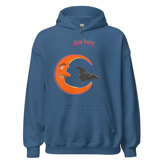 Blue Bat Baby unisex hoodie with orange crescent moon and witch design featuring red text