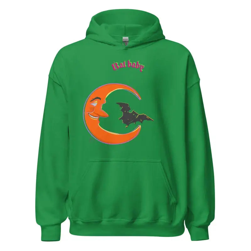 Green Bat Baby Unisex Hoodie with Orange Crescent Moon and Black Dinosaur Design