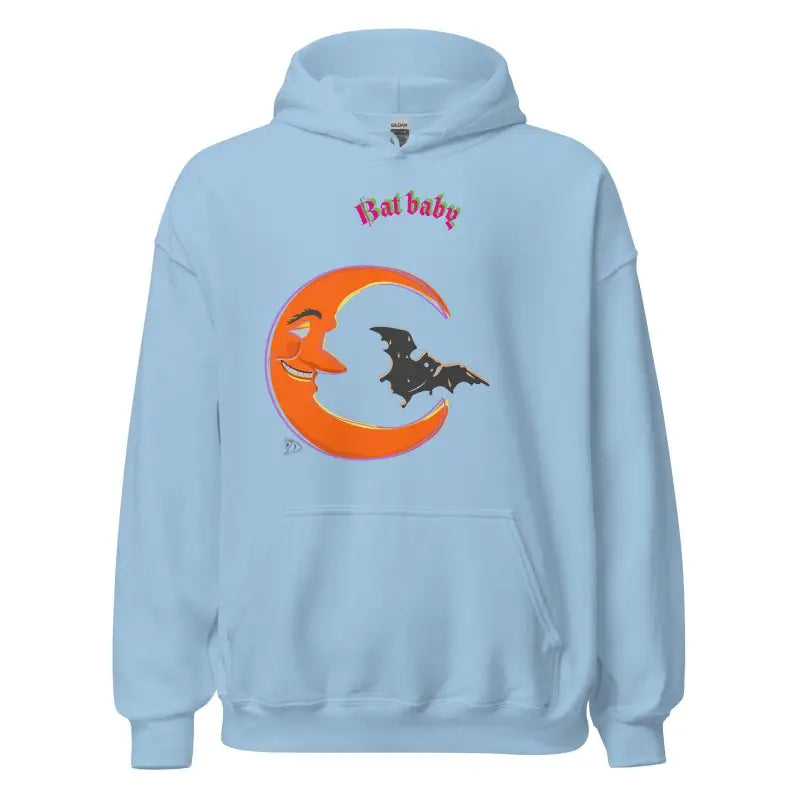 Light blue Bat Baby unisex hoodie featuring orange crescent moon and bat design