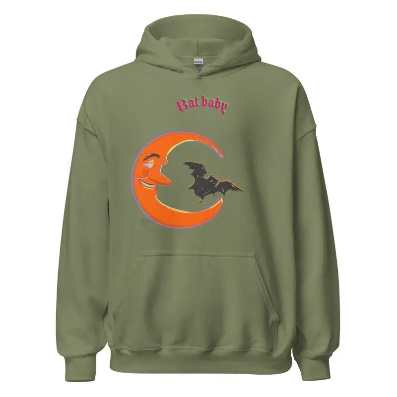 Military green Bat Baby unisex hoodie with orange crescent moon and bat design