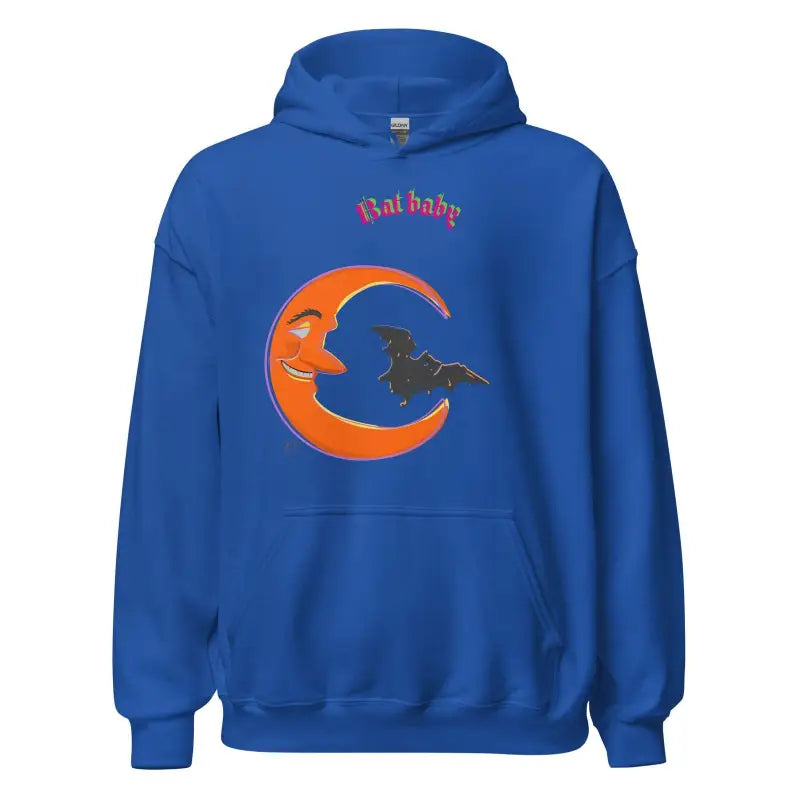 Royal blue Bat Baby unisex hoodie with orange crescent moon and witch silhouette design