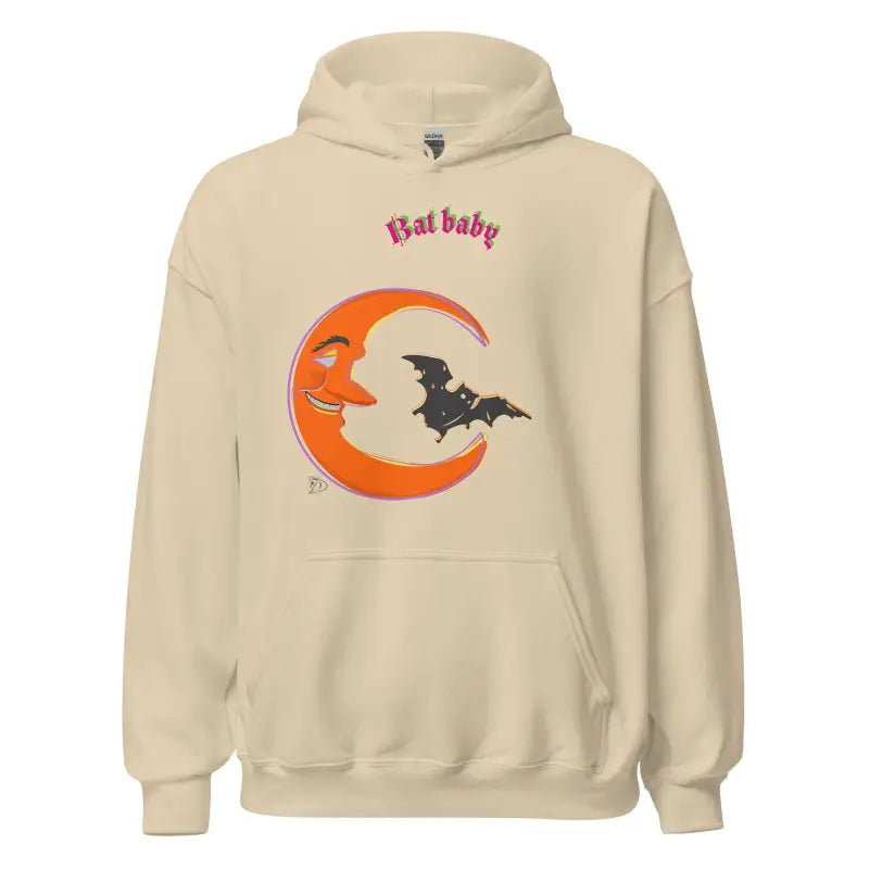 Beige Bat Baby Unisex Hoodie featuring orange crescent moon and bat design