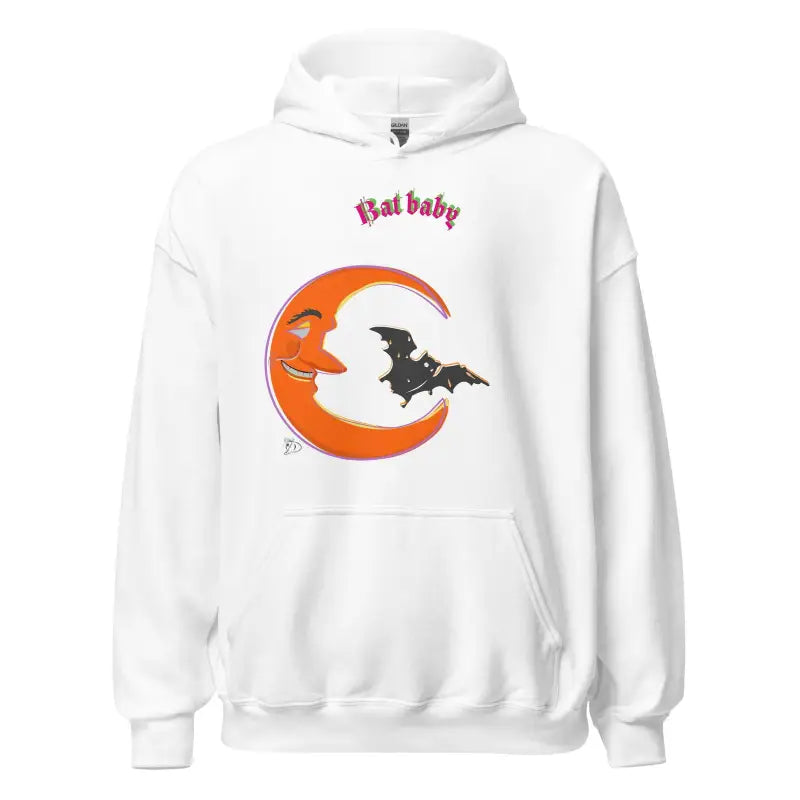 White Bat Baby Unisex Hoodie featuring orange crescent moon and bat design