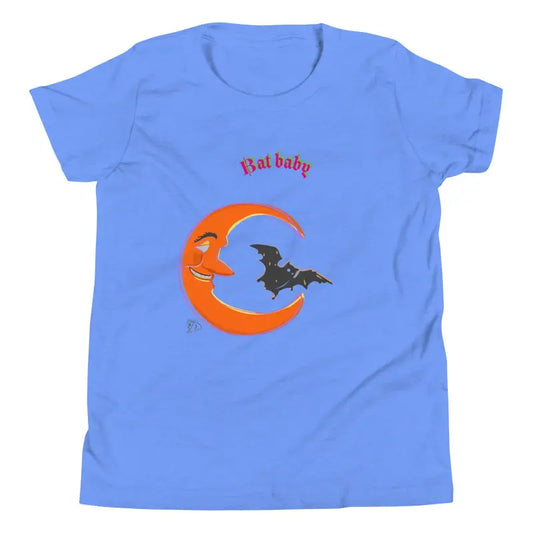 Light blue unisex youth t-shirt with smiling orange crescent moon and bat baby design for Halloween