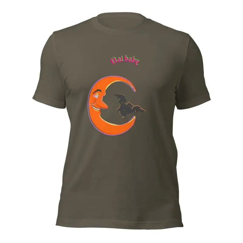 Olive green Bat Baby Unisex T-Shirt with orange crescent moon design and pink text