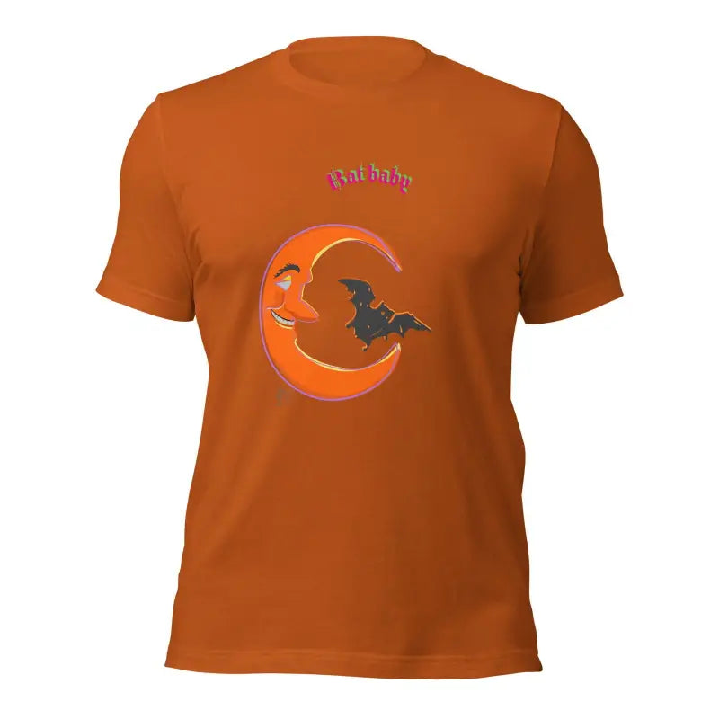 Orange Bat Baby Unisex T-Shirt showcasing a smiling crescent moon with bat design