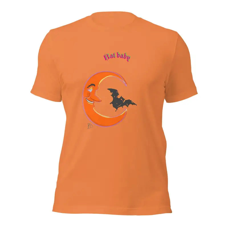 Orange Bat Baby Unisex T-Shirt featuring a crescent moon and bat design