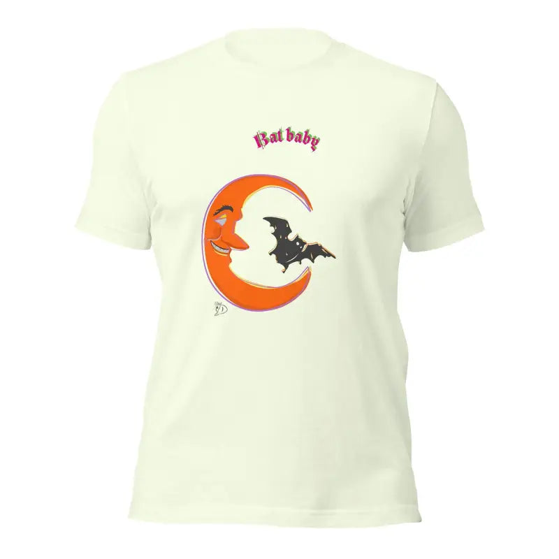 Bat Baby Unisex T-Shirt featuring orange crescent moon, black bat, and playful text design