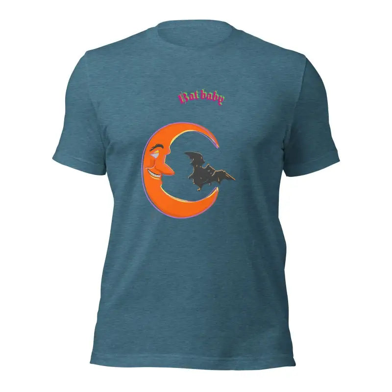 Teal Bat Baby Unisex T-Shirt featuring orange crescent moon with witch silhouette design