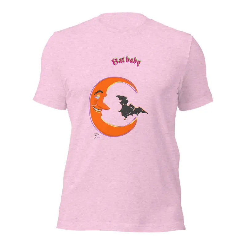 Pink Bat Baby Unisex T-Shirt featuring a smiling crescent moon and bat design