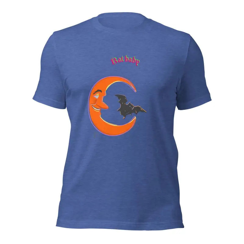 Blue Bat Baby Unisex T-Shirt featuring orange crescent moon and black bat design