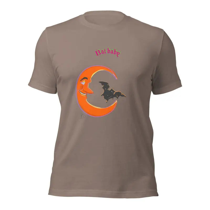 Brown Bat Baby Unisex T-Shirt with orange crescent moon and bat design