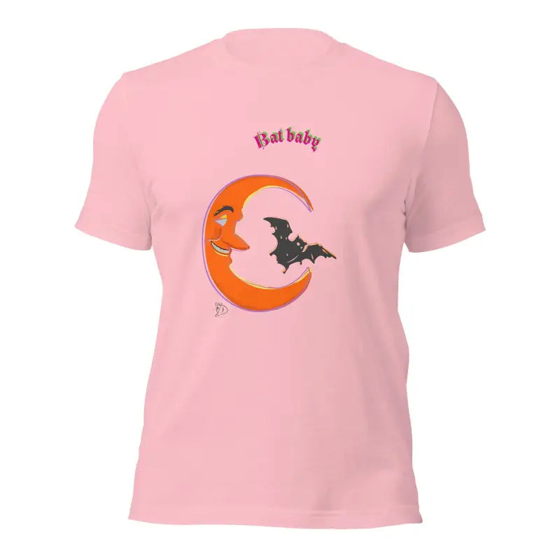 Pink Bat Baby Unisex T-Shirt with a smiling crescent moon and bat design