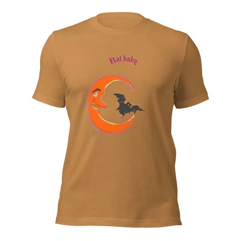 Brown Bat Baby Unisex T-Shirt featuring a smiling crescent moon and bat design