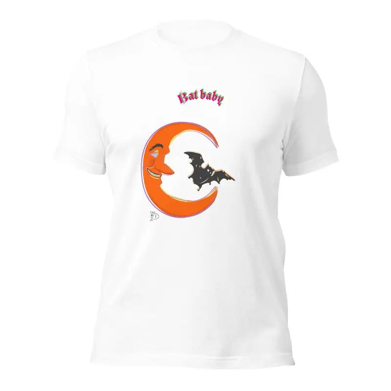 White Bat Baby Unisex T-Shirt with orange crescent moon and black bat design