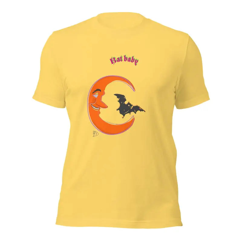 Yellow Bat Baby Unisex T-Shirt with a smiling orange crescent moon and bat design