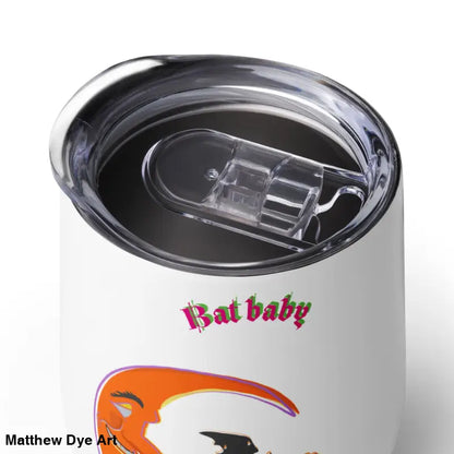 White stainless steel tumbler with lid, Bat Baby design for retro Halloween sipping