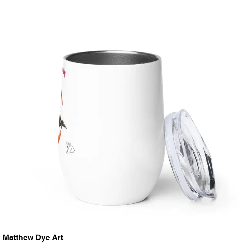 White wine tumbler with lid featuring Bat Baby design in stainless steel for retro Halloween