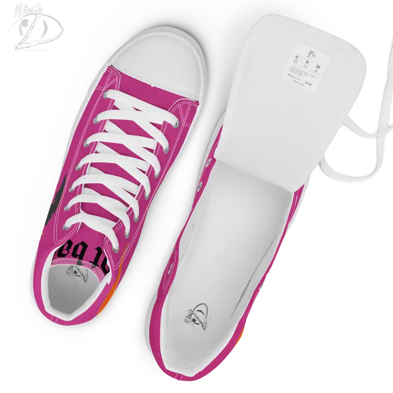 Pink Bat Baby Women’s High Tops canvas shoes with white laces and soles