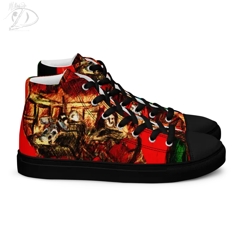 High-top canvas shoes with vibrant red and black medieval artwork for Trick R Treat