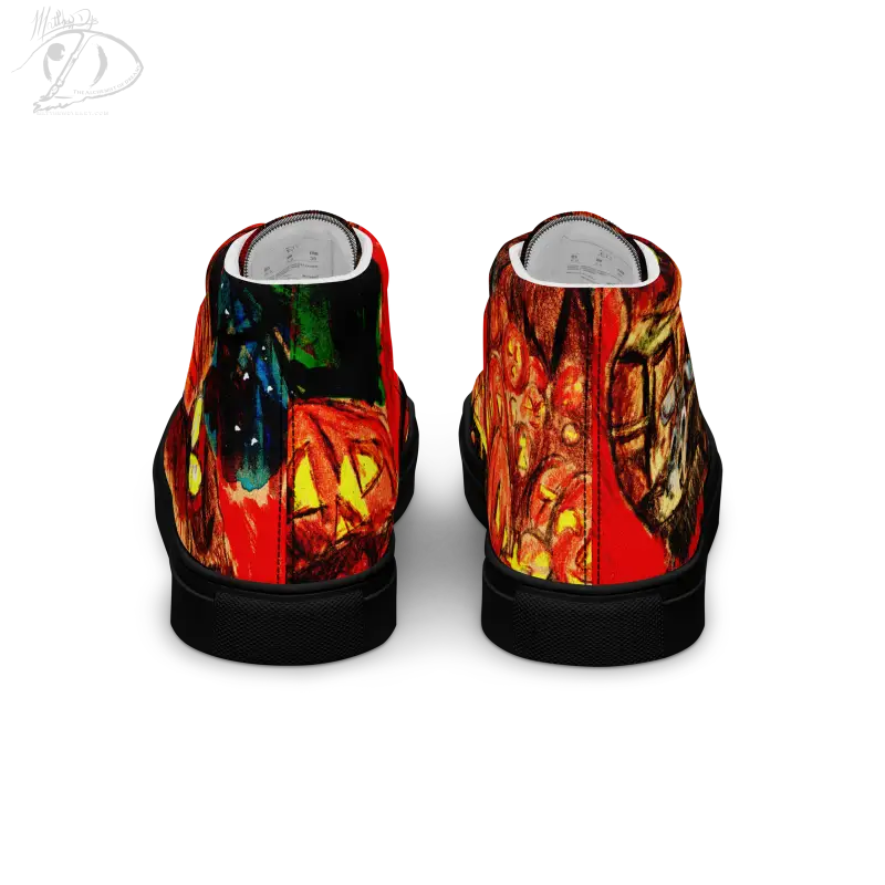 Pair of high-top canvas shoes featuring vibrant flame artwork for Trick R Treat