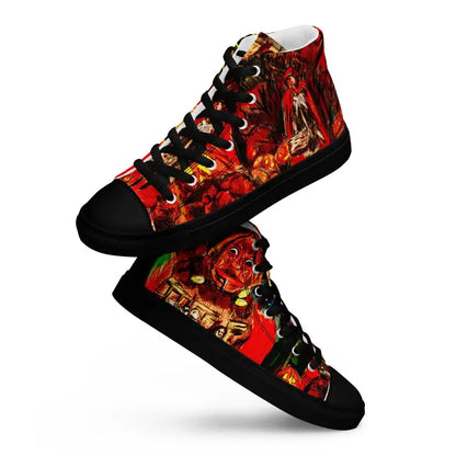 High-top canvas shoes with red flame artwork for a stylish Trick R Treat theme