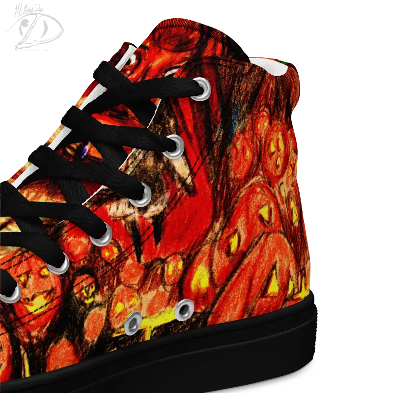 High-top canvas shoes with a fiery red and orange abstract design for Trick R Treat