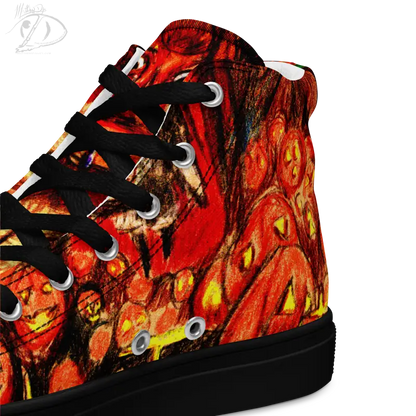 High-top canvas shoes with a fiery red and orange abstract design for Trick R Treat