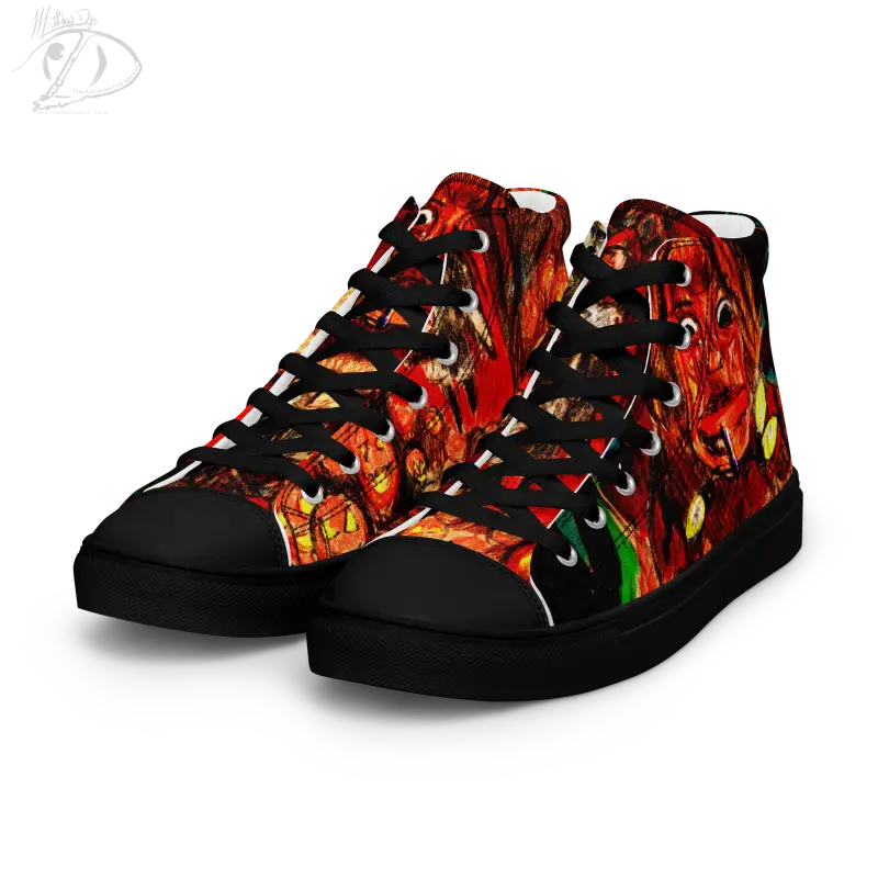 High-top canvas shoes with fiery red and black flame design for Trick R Treat