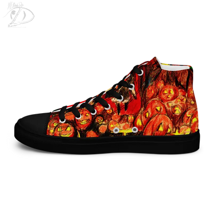 High-top canvas shoes with Halloween pumpkin pattern in fiery orange and red colors