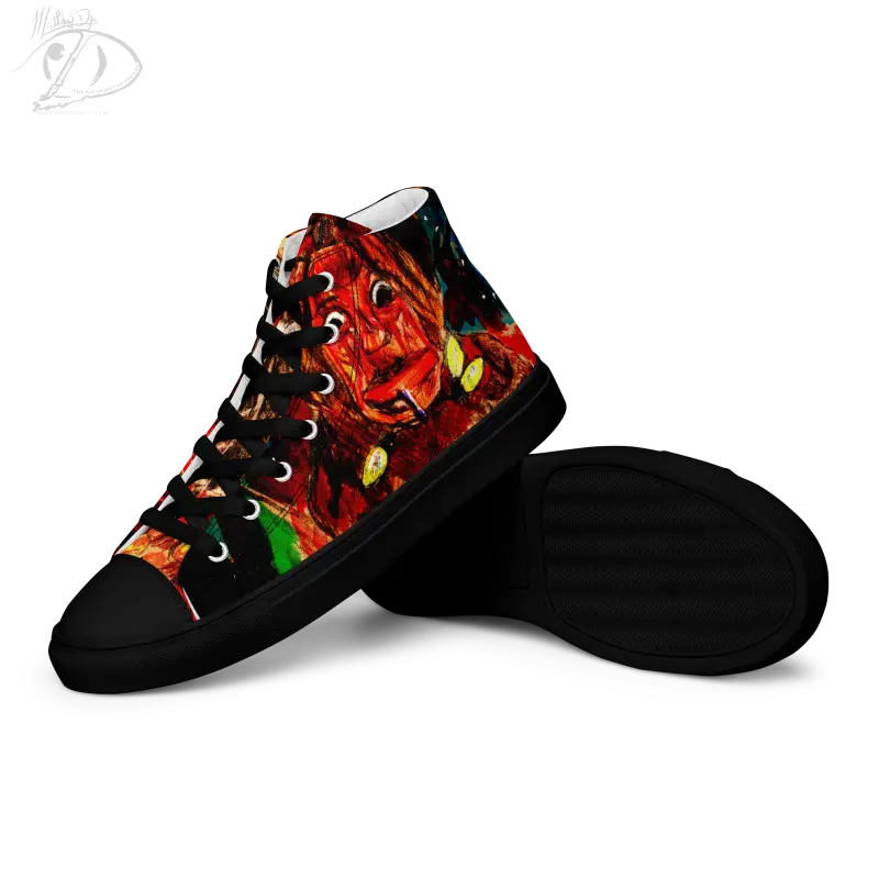 High-top canvas shoes featuring vibrant red and black flame design for Trick R Treat