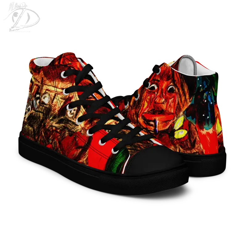 High-top canvas shoes with vibrant red horror artwork and black laces for Trick R Treat