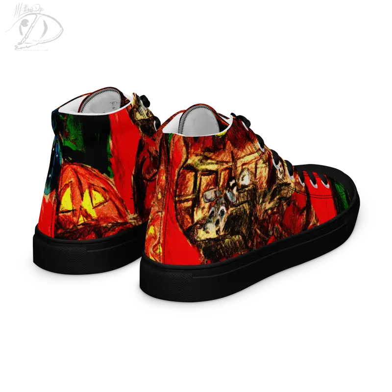 High-top canvas shoes with vibrant red and green abstract design for Trick R Treat