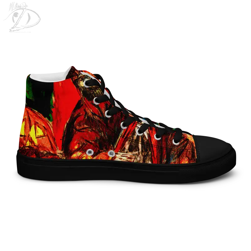 High-top canvas shoes featuring a fiery red and black artistic design for Trick R Treat