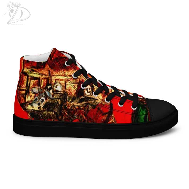 High-top canvas shoes in vibrant red and black with Trick R Treat carousel artwork