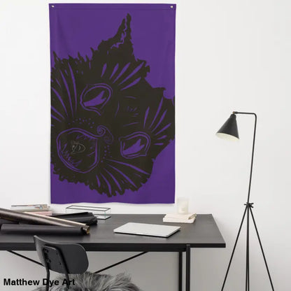 Purple tapestry featuring a black cat face on the Ah Kitty Head Halloween flag