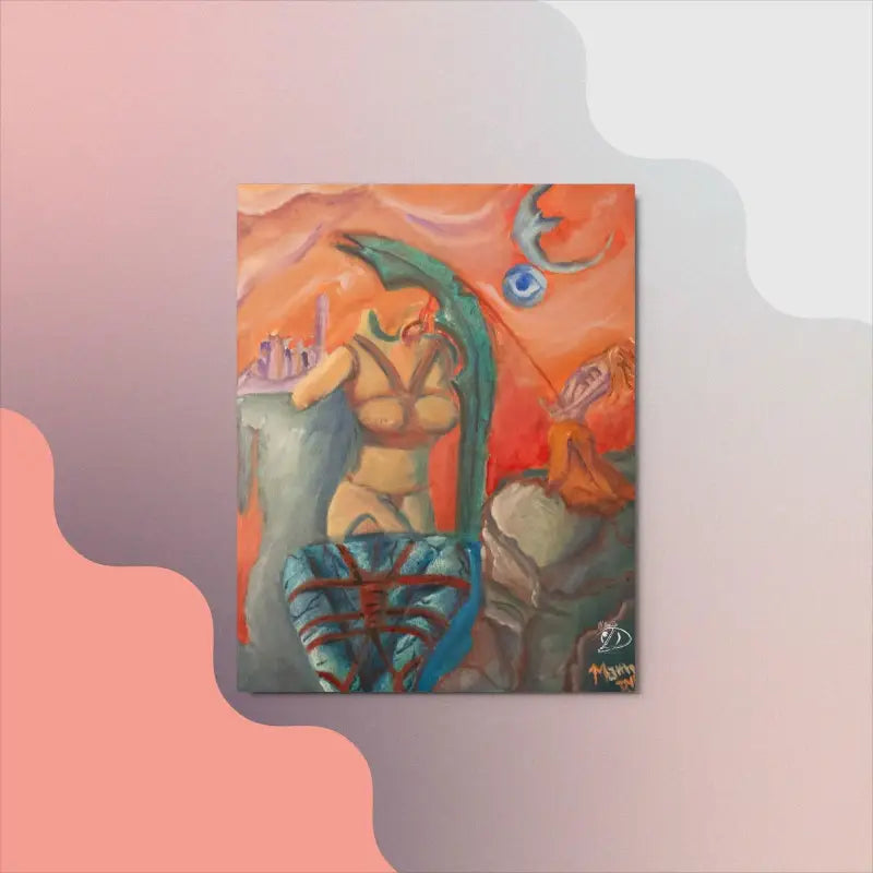 Surreal painting of a scorpion and floating figures in orange tones on a metal print