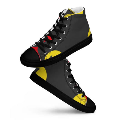 High-top canvas shoes in black, yellow, and red for bold women, Black Cat design