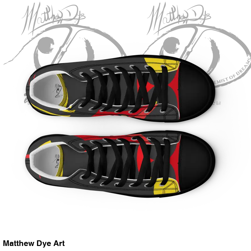 High-top canvas shoes featuring black with red and yellow geometric design accents