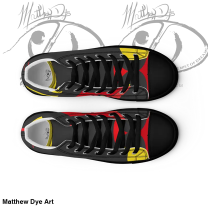 High-top canvas shoes featuring black with red and yellow geometric design accents