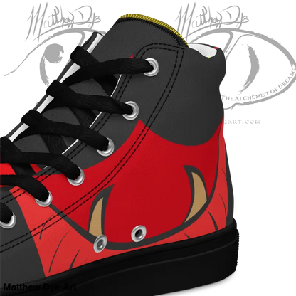 Red and black high-top canvas shoes featuring a bold artistic fish design for women