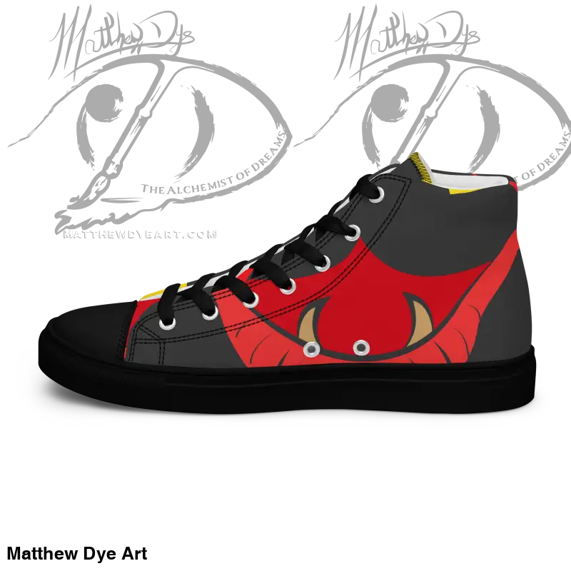 High-top canvas shoes for women featuring a black cat eye design in black and red