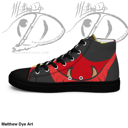 High-top canvas shoes for women featuring a black cat eye design in black and red