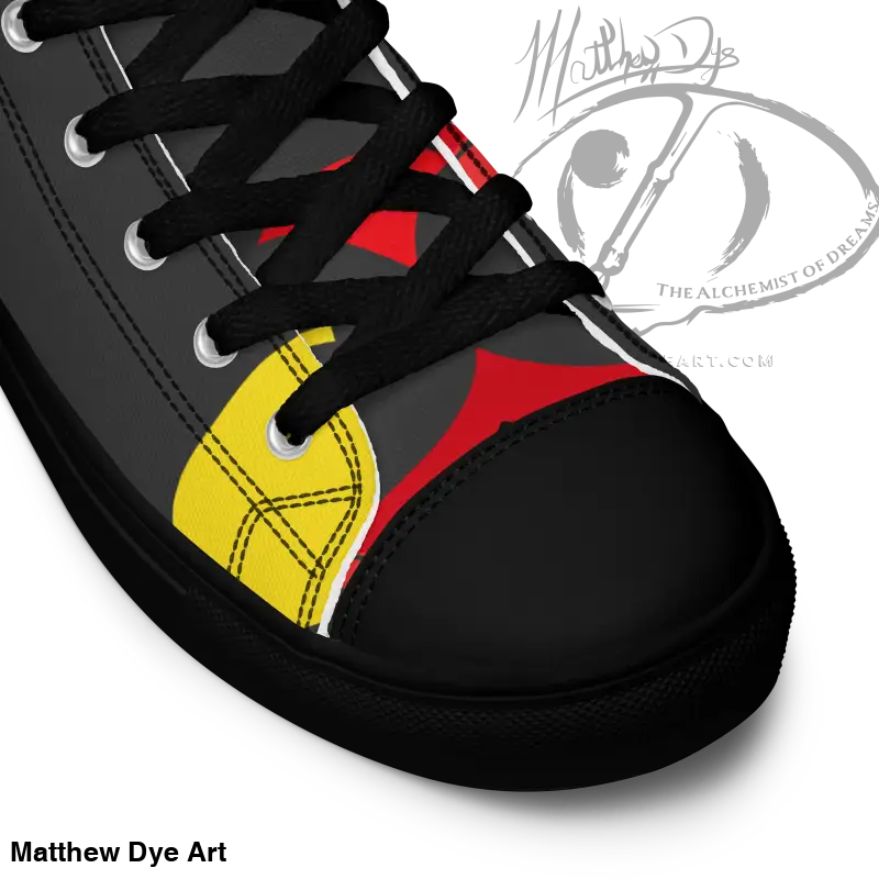 Black sneaker with yellow and red geometric design, Black Cat High-Top Canvas Shoes for women