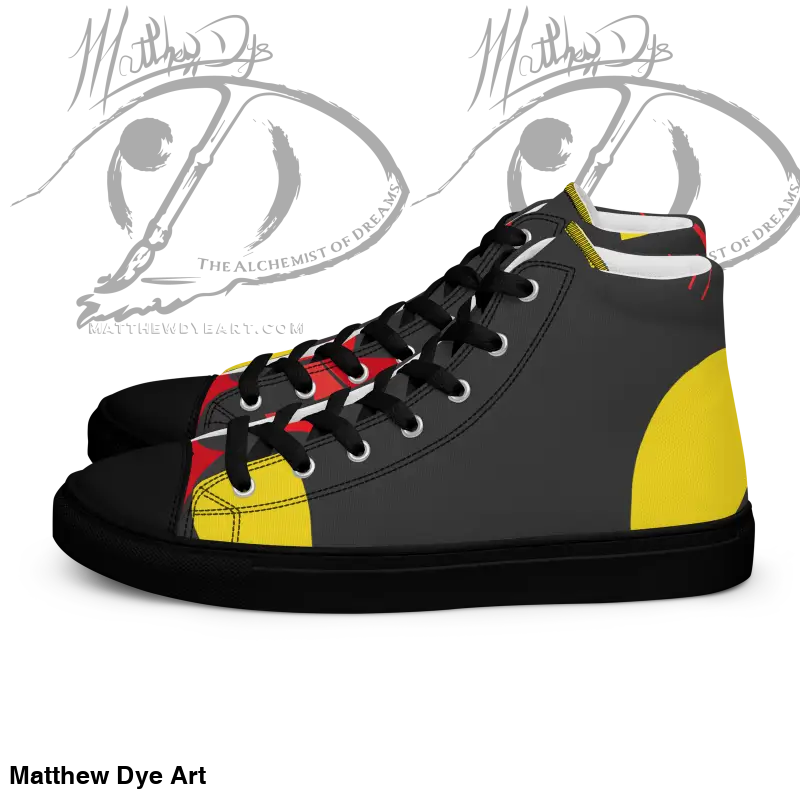 Black Cat High-Top Canvas Shoes in black, gray, and yellow for bold women