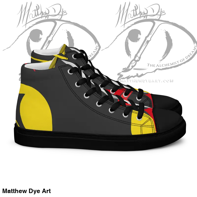 Black high-top canvas shoes featuring yellow and red geometric designs for women