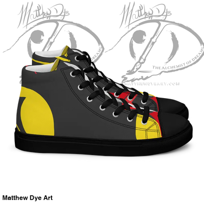 Black high-top canvas shoes featuring yellow and red geometric designs for women