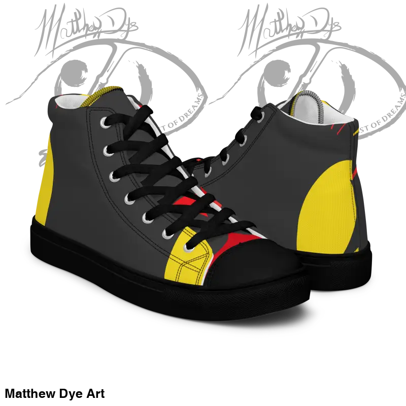 High-top canvas shoes in black, yellow, and red color blocks for bold women