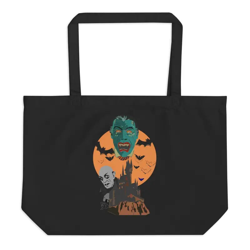 Black organic cotton tote featuring Matthew Dye art with Halloween monsters, bats, and an orange moon